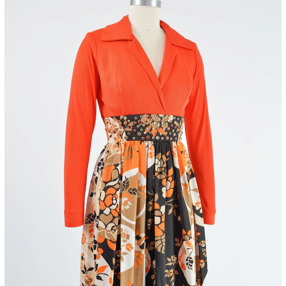 Vintage 70s Orange Floral Rhinestone Evening Gown Psychedelic Party Maxi Dress - Picture 3 of 8